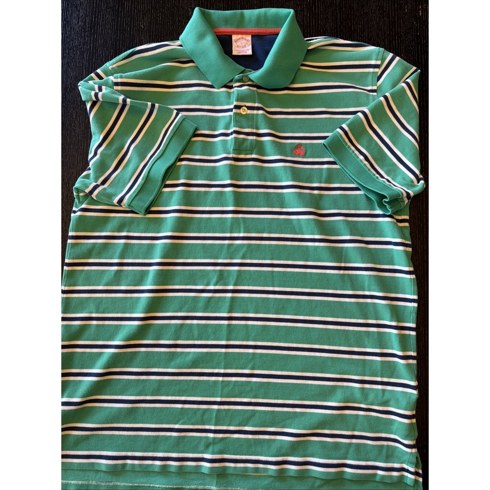 Brooks Brothers Polo Shirt Mens L Green Navy Stripe Golden Fleece Performance